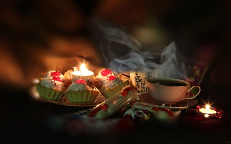 Cupcakes and Tea with Candles — Brown, Cozy