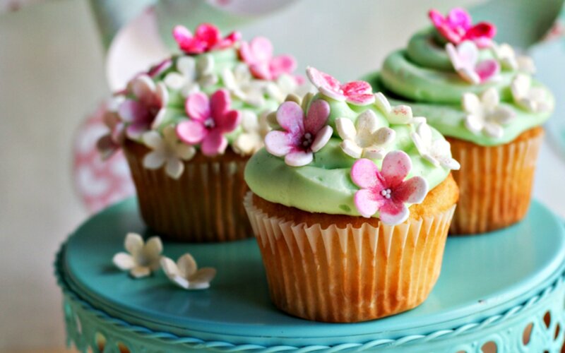 Cupcakes with Flower Decorations — Green, Delicate