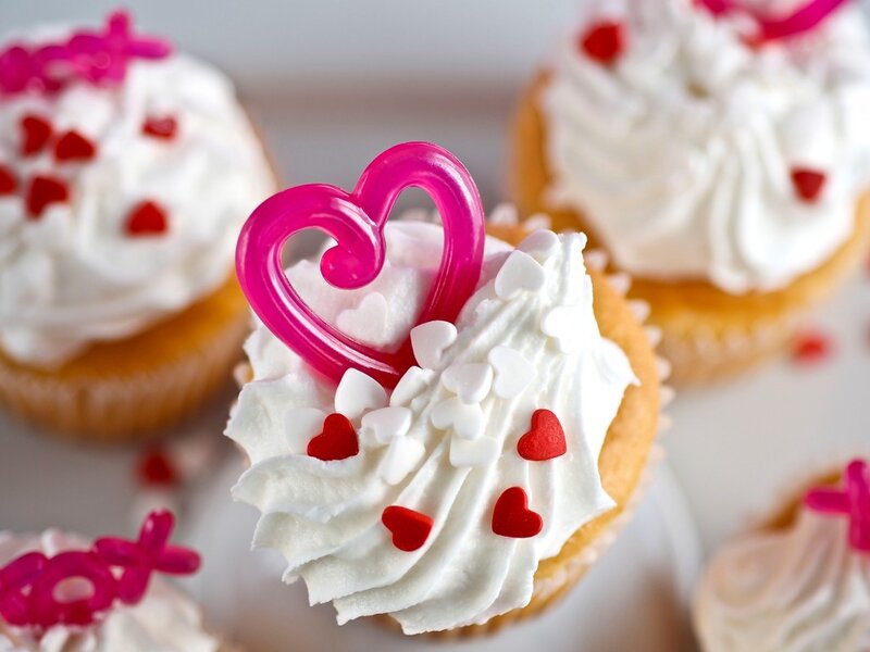 Cupcakes with Heart Decorations — White, Festive, Photograph