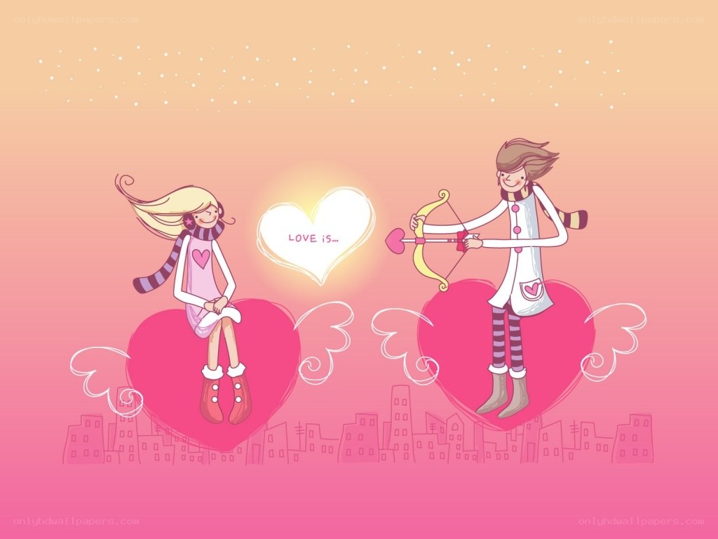 Cupid and lover on hearts