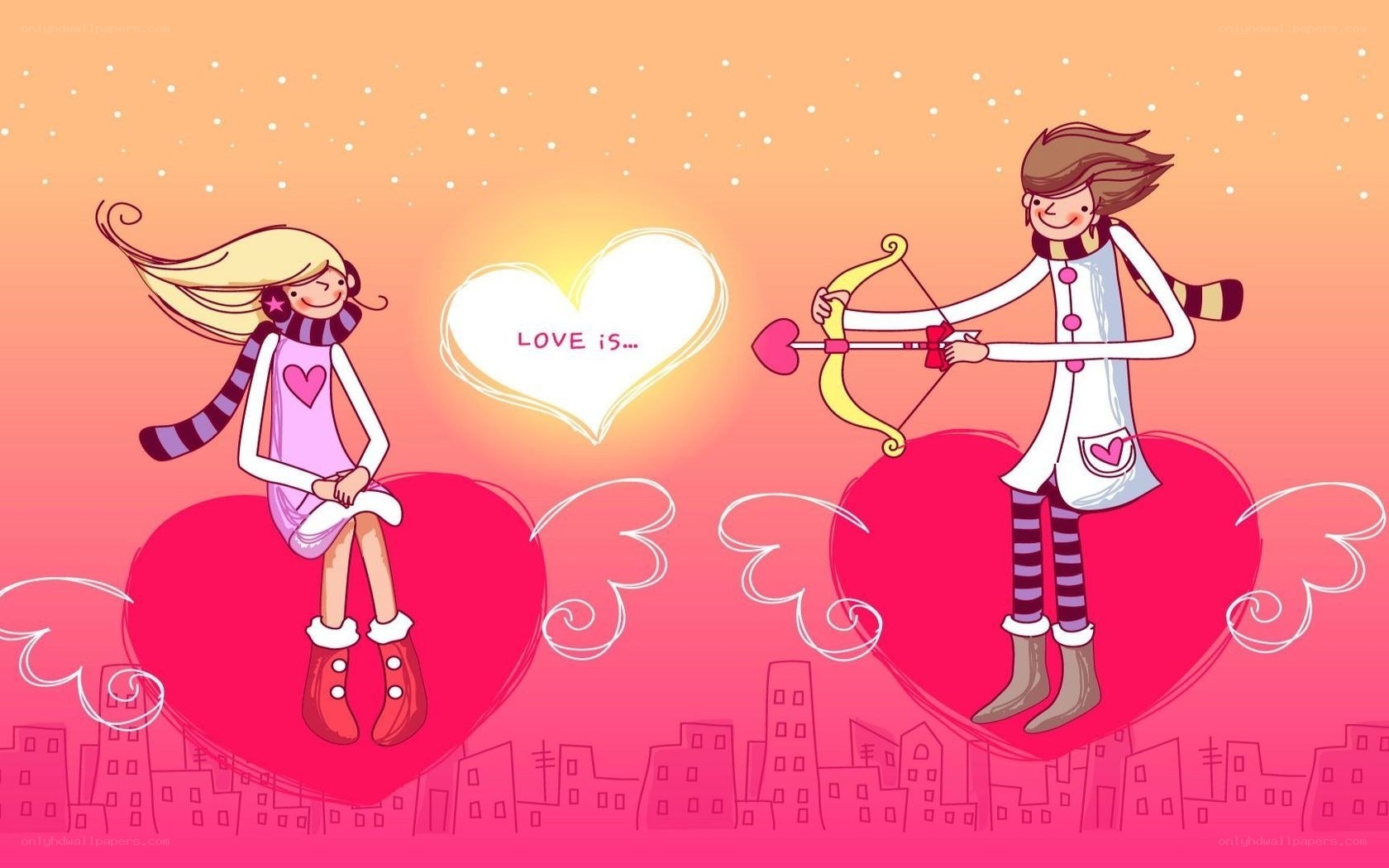 Cupid and lover on hearts