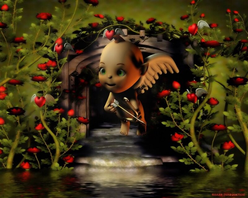 Cupid in a rose garden