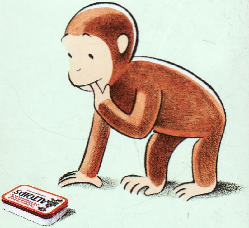 Curious George with a mint tin