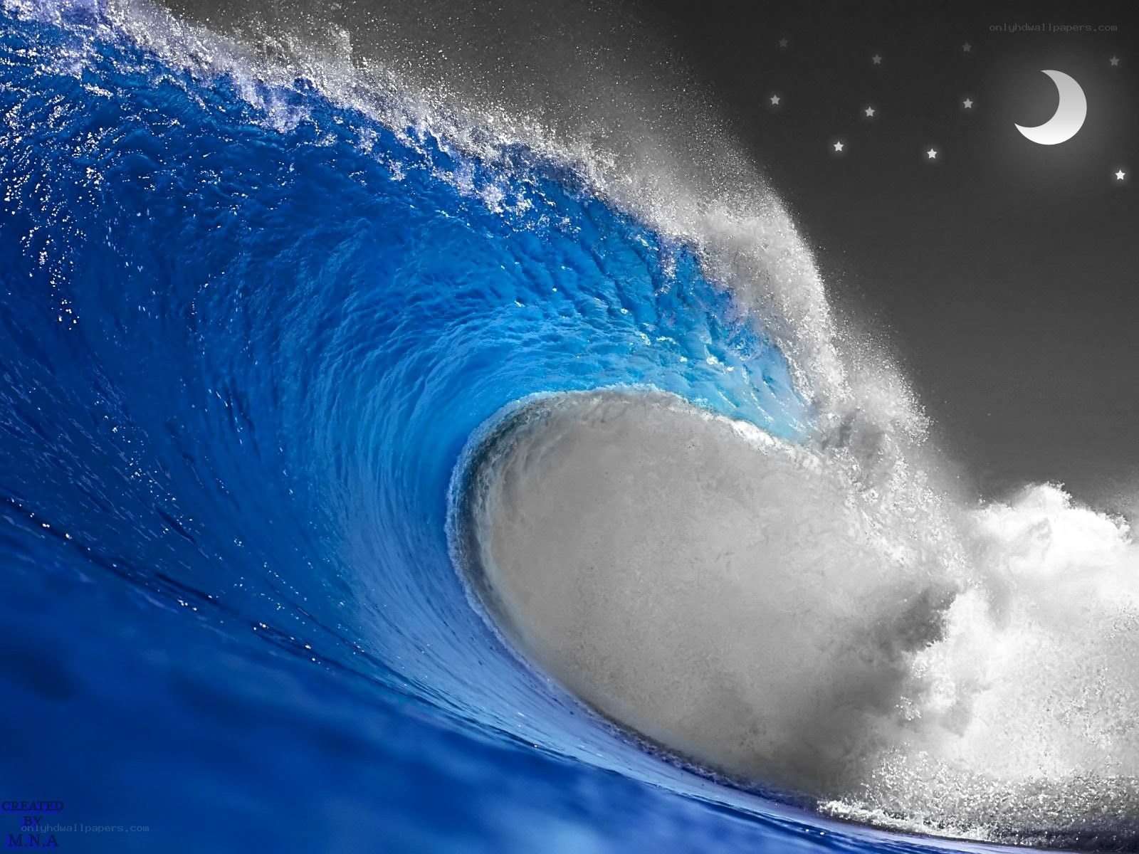 Curling ocean wave at night