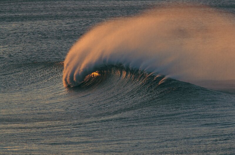 Curling wave at sunset