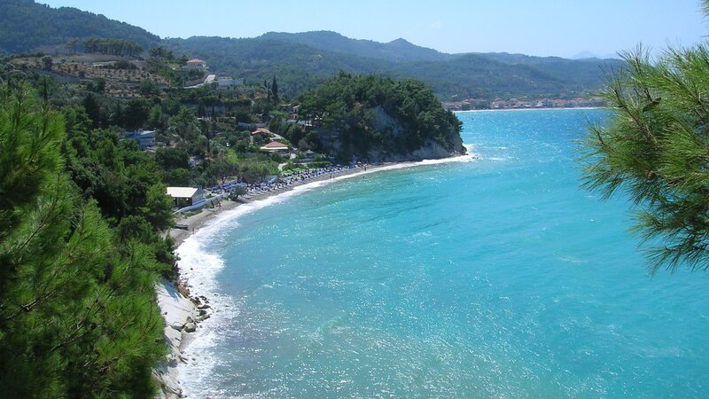 Curved Beach with Turquoise Water — Blue, Serene