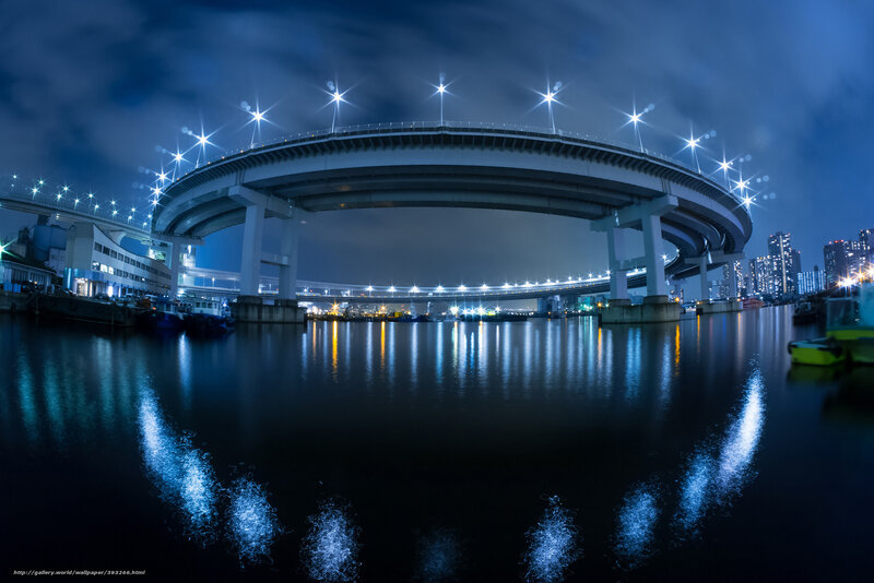 Curved Bridge at Night — Blue, Dramatic, Photograph, River