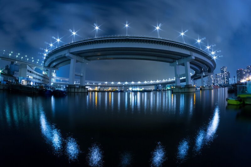 Curved Bridge at Night — Blue, Dramatic, Photograph
