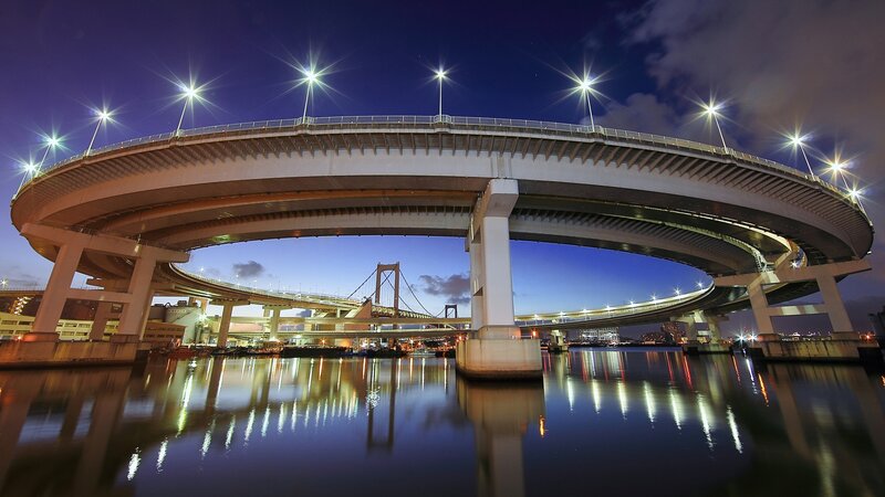Curved Bridge at Night — Blue, Dramatic, Photograph, Water