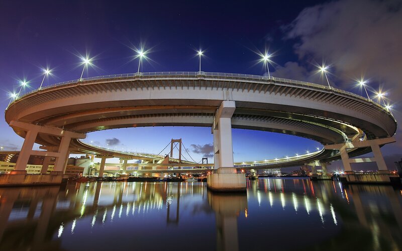 Curved Bridge at Night — Blue, Dramatic