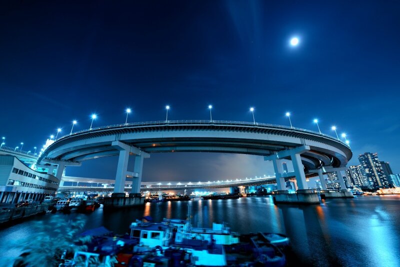 Curved Bridge at Night — Blue, Serene