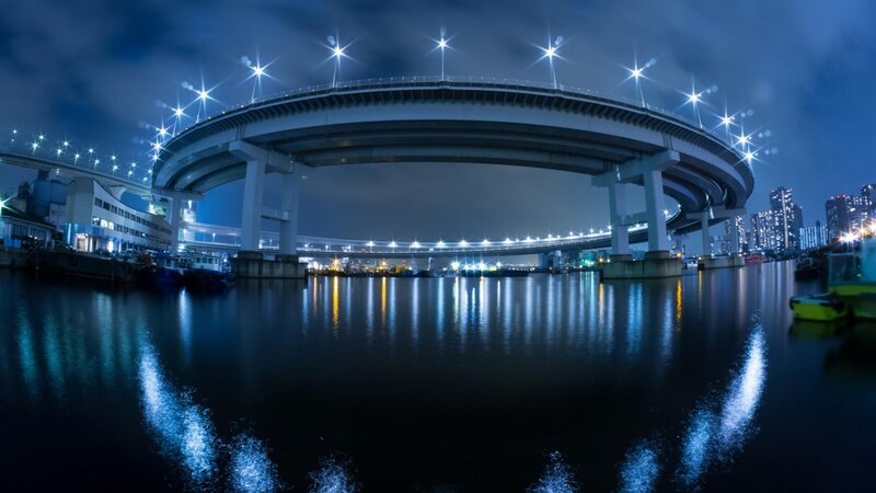 Curved Bridge at Night — Blue