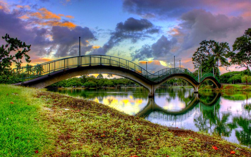 Curved Bridge over Lake