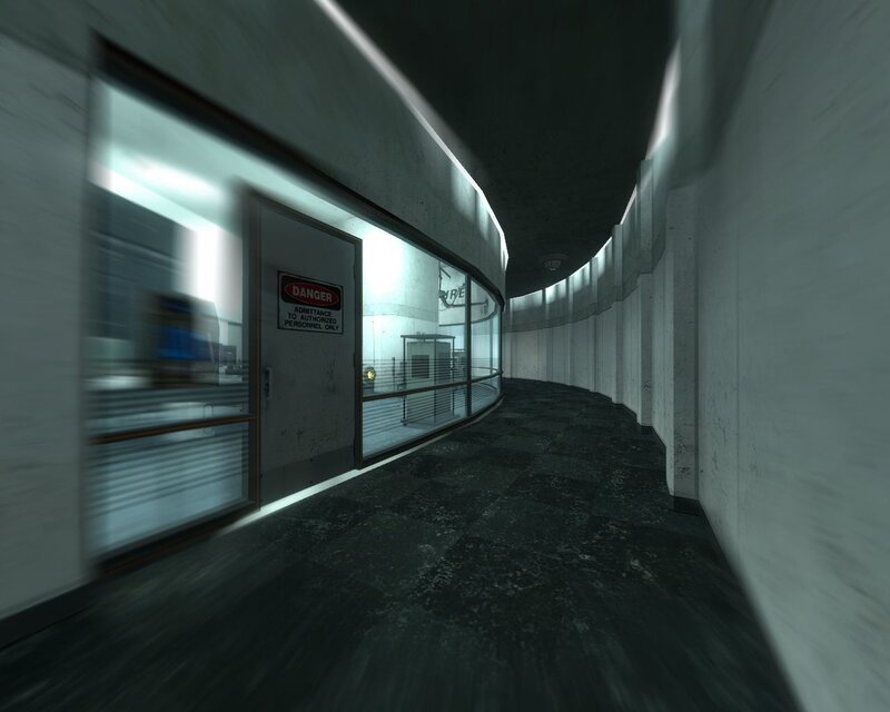 curved corridor with danger sign