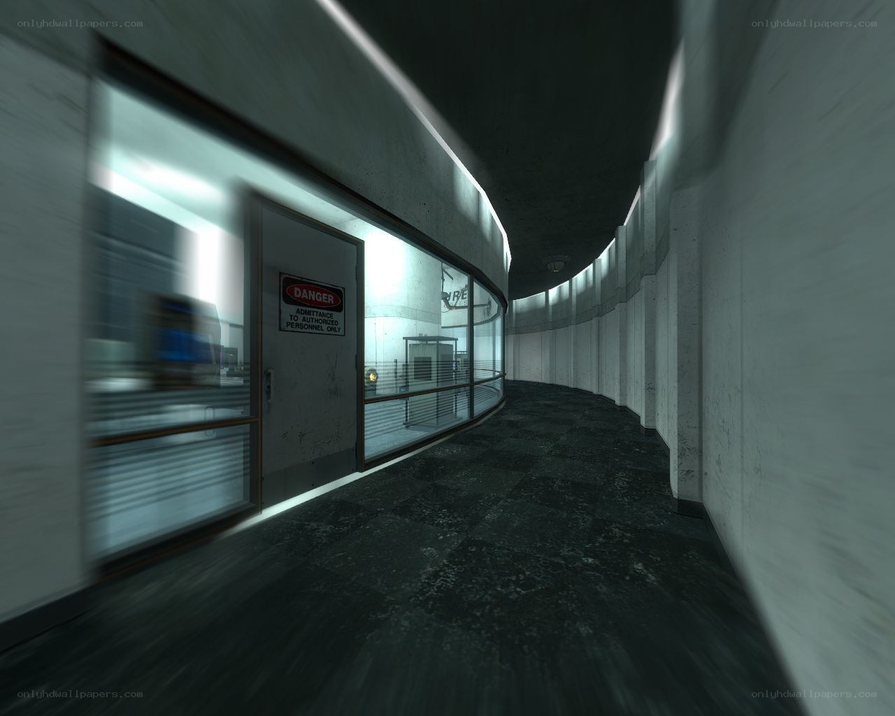 curved corridor with danger sign