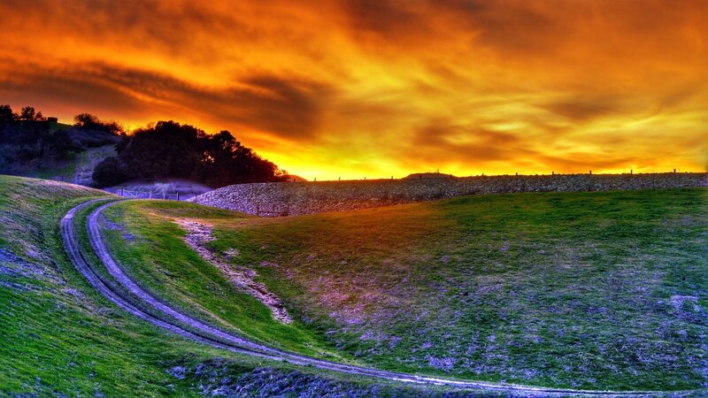 Curved Dirt Path — Orange, Dramatic, Sunset, Photograph