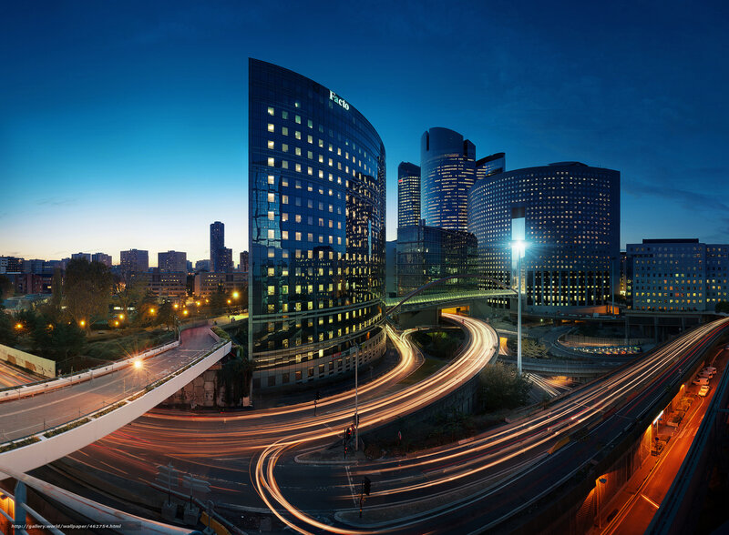 Curved Glass Skyscraper — Blue, Dramatic, Night