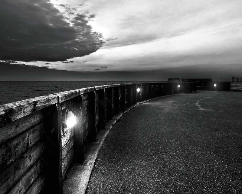 Curved Pier at Dusk — Black, Dramatic, Night, Photograph, Ocean