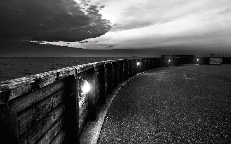 Curved Pier at Dusk — Black, Dramatic, Night, Photograph, Sea, Sky, Lights