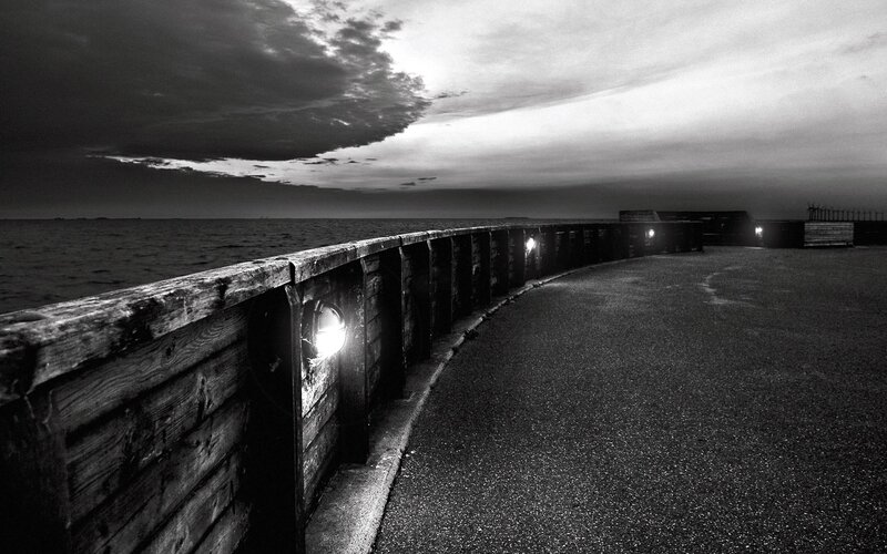 Curved Pier at Dusk — Black, Dramatic, Night, Photograph, Sea
