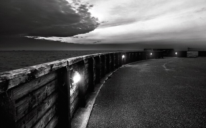 Curved Pier at Dusk — Black, Dramatic, Night, Photograph