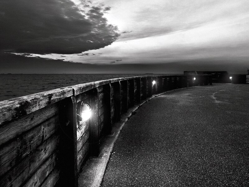 Curved Pier at Dusk — White