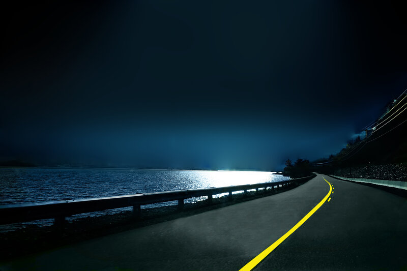Curved Road at Night — Black, Dark
