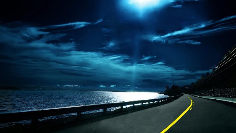 Curved Road at Night — Blue, Dramatic, Digital Art