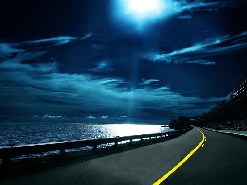 Curved Road at Night — Blue, Dramatic, Photograph, Sea, Clouds