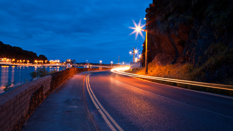 Curved Road at Night — Blue, Serene
