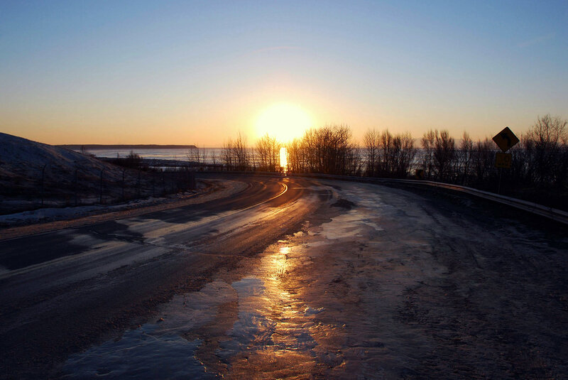 Curved Road at Sunset — Blue