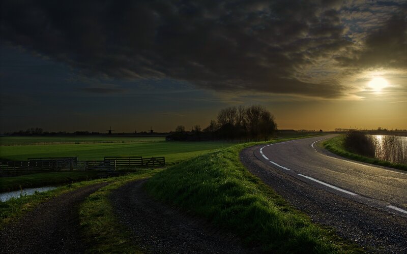 Curved Road at Sunset — Green, Dramatic