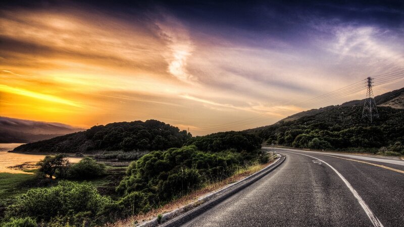 Curved Road at Sunset — Orange, Dramatic, Photograph, Hills, Power Lines