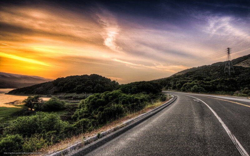 Curved Road at Sunset — Orange, Dramatic, Photograph, Hills