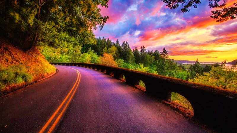 Curved Road at Sunset — Purple, Dramatic, Photograph