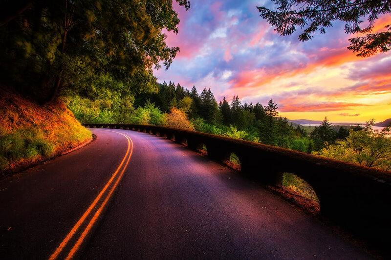 Curved Road at Sunset — Purple, Dramatic