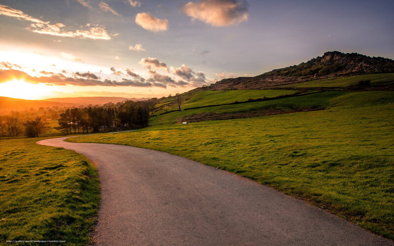 Curved Road in Countryside — Green, Serene, Sunset