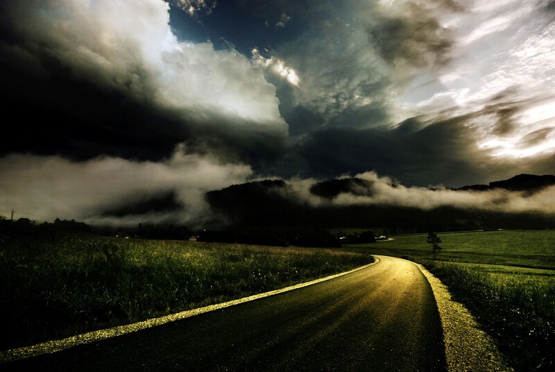 Curved Road in Fog — Green