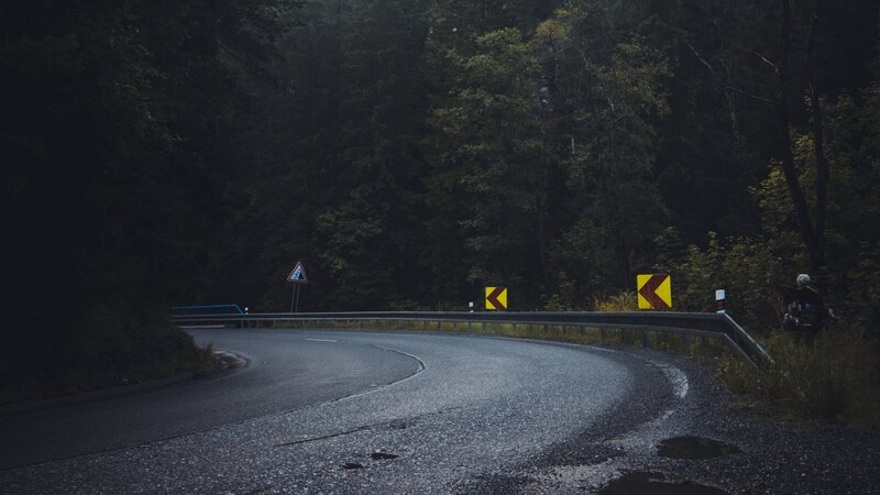 Curved Road in Forest — Black, Dark