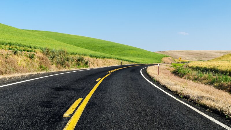 Curved Road Through Fields — Black, Serene