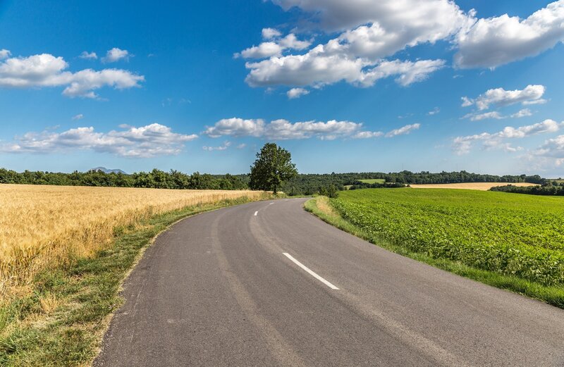 Curved Road Through Fields — Blue