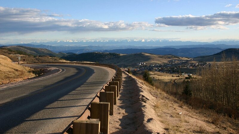 Curved Road with Mountains — Blue, Serene, Afternoon