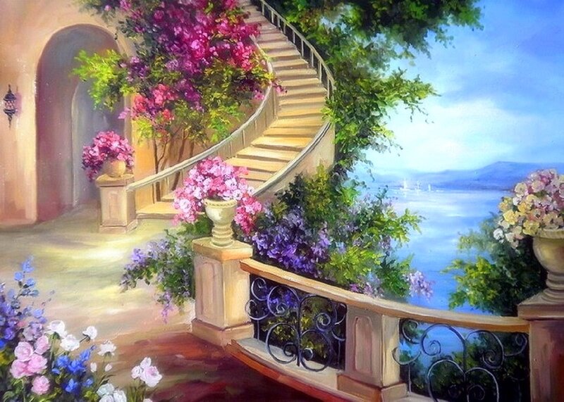 Curved Staircase with Flowers — Blue, Serene