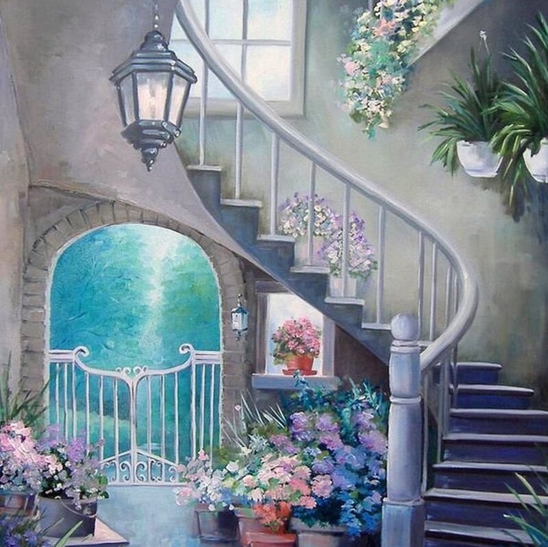 Curved Staircase with Flowers — Blue
