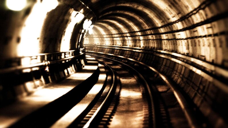 Curved Train Tracks — Brown, Dramatic, Photograph