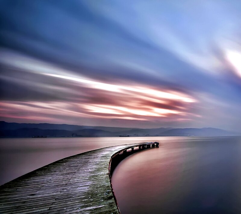 Curved Wooden Pier — Blue