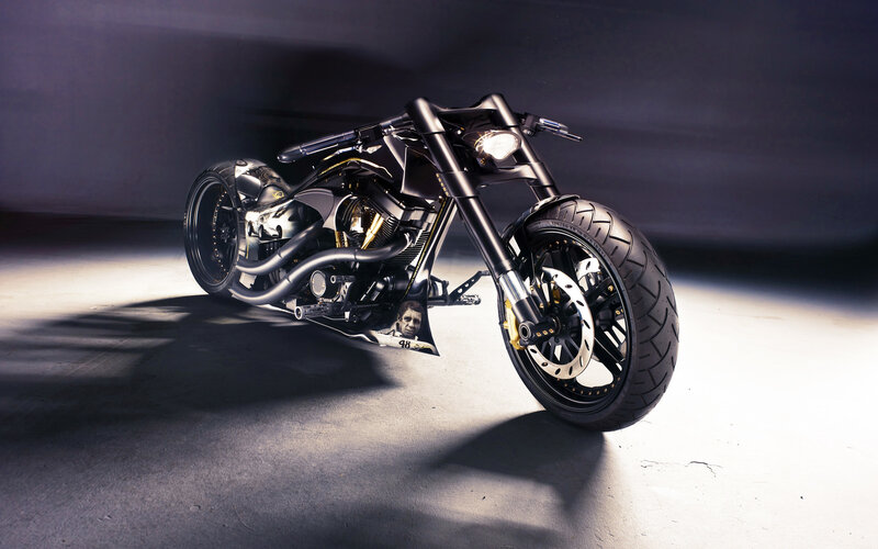 Custom Black Motorcycle — Dramatic, Photograph, Headlight