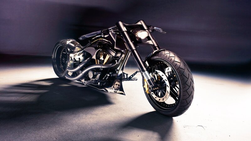 Custom Black Motorcycle — Dramatic, Photograph, Headlight, Tire, Gray