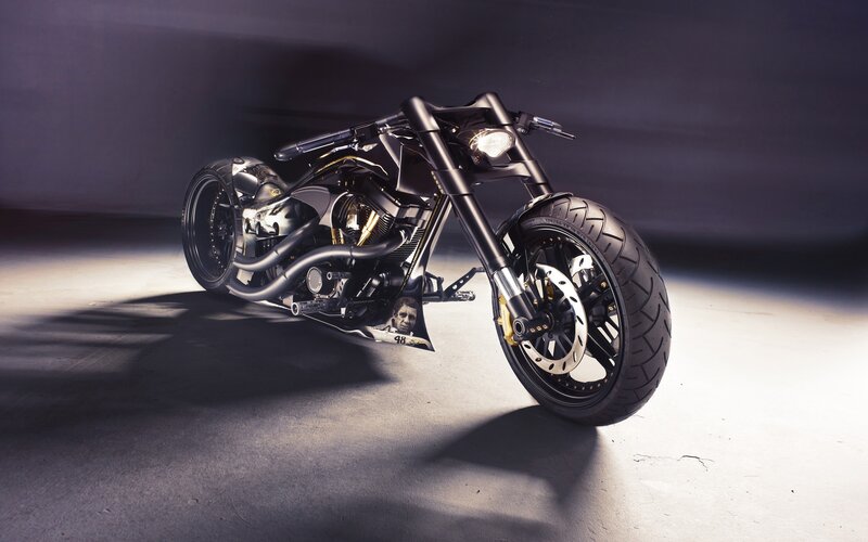 Custom Black Motorcycle — Dramatic, Photograph, Headlight, Tire
