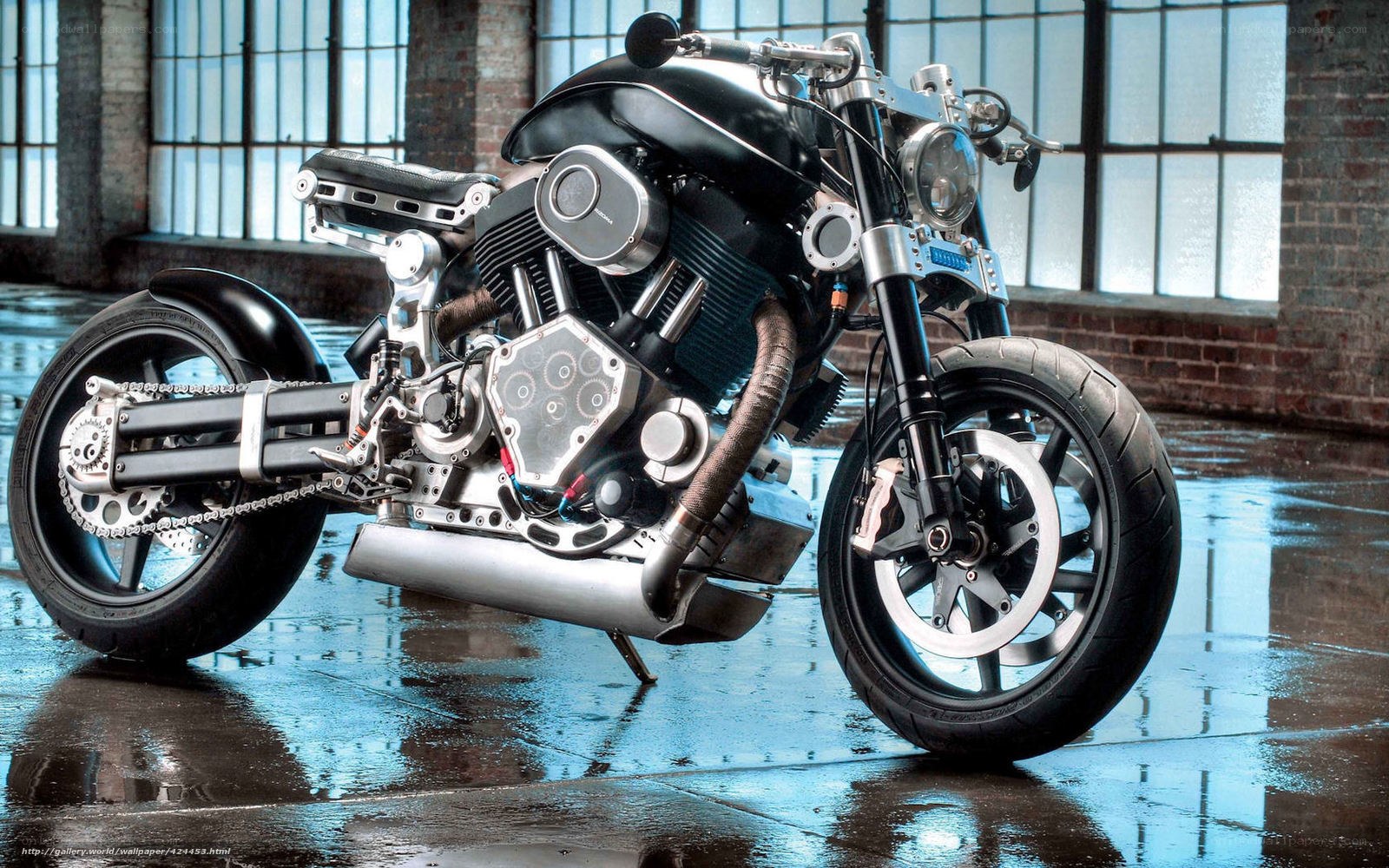 Custom black motorcycle in warehouse